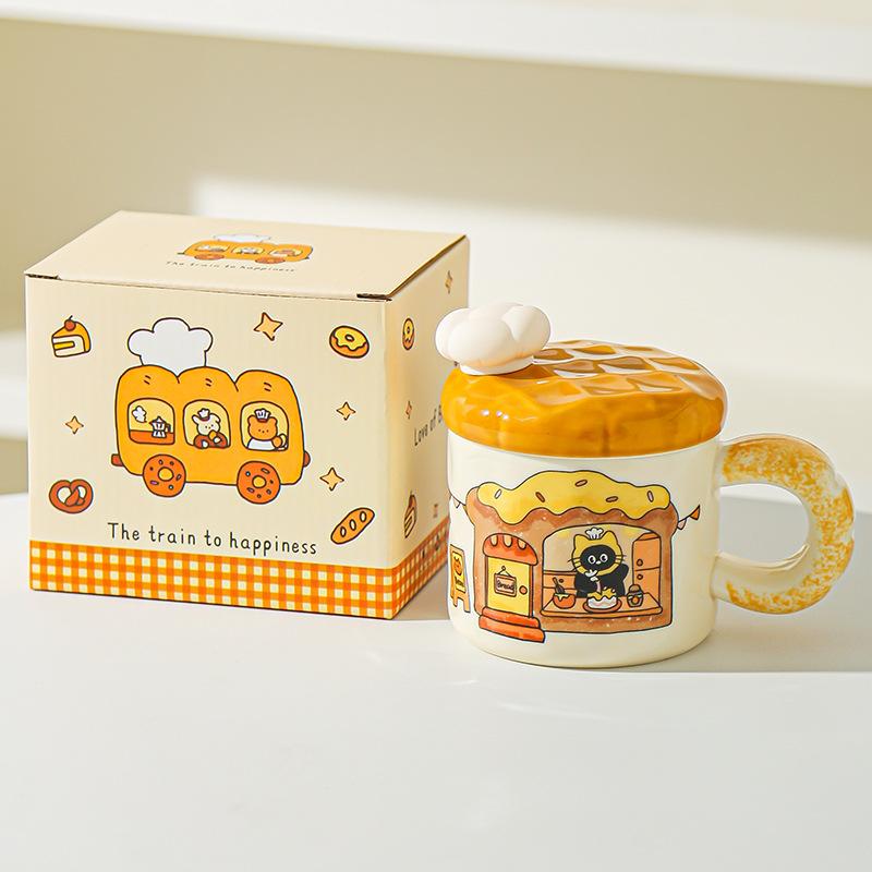 Korean Creative Bread Mug Cartoon Cat Ceramic Cup with Lid Household Water Cup Birthday Gift Souvenir