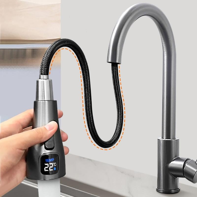 Temperature Display Kitchen Faucet Two Function Single Handle Pull Out Mixer Hot Cold Water Tap Sink Deck Mounted Single Hole