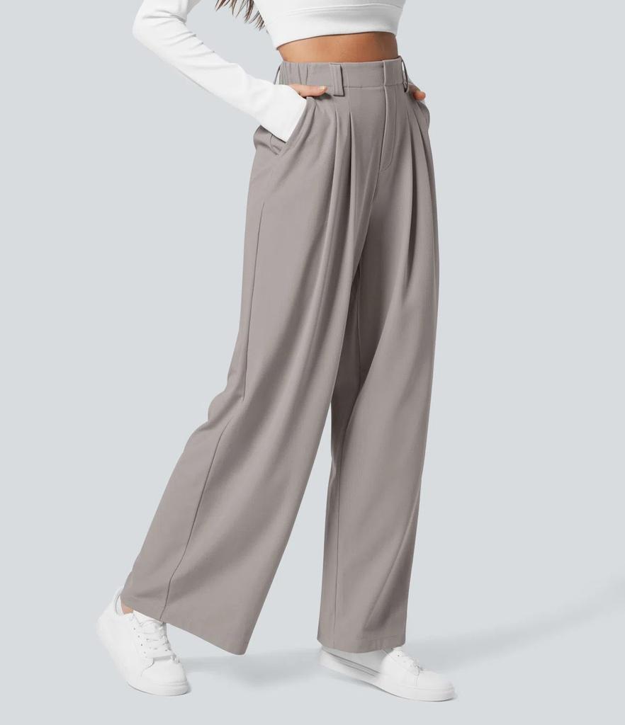 Women's High Waist Pleated Wide Leg Dress Pants Solid Color Office Business Trousers With Side Pockets