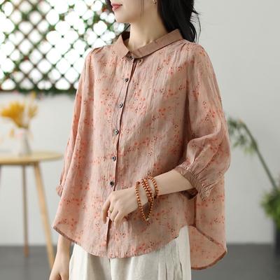 Légère et Respirante Littéraire Ample Coton et Lin Printemps et Été Fine Assortie de Couleurs Manches Trois-quarts Col Rond Chemisier Chemise Femme