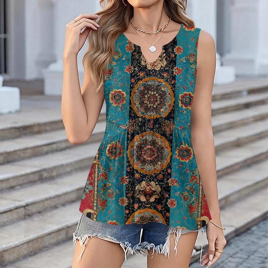 Modny Damski Nowy Retro Kwiatowy Teksturowany Dekolt V Luźny Casualowy Zwiewny Bezrękawnik Top