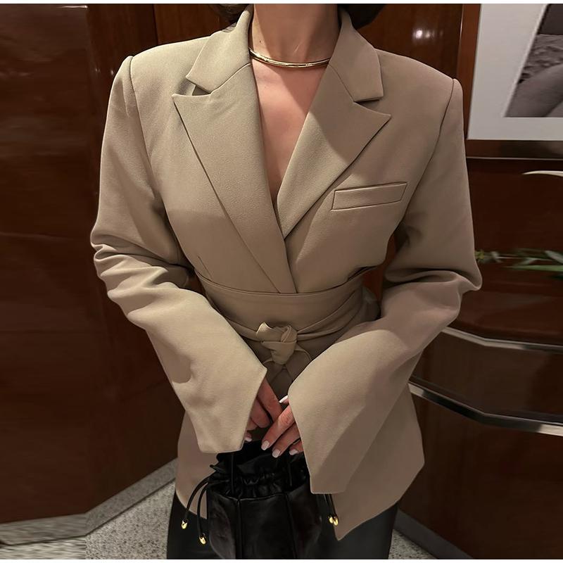 2025 Jaro Léto Nové Dámské Módní Bundy Jednobarevné Ležérní Klopa Dlouhý Rukáv Sako Ohrnovací Límec Šněrovací Dámské Kabáty