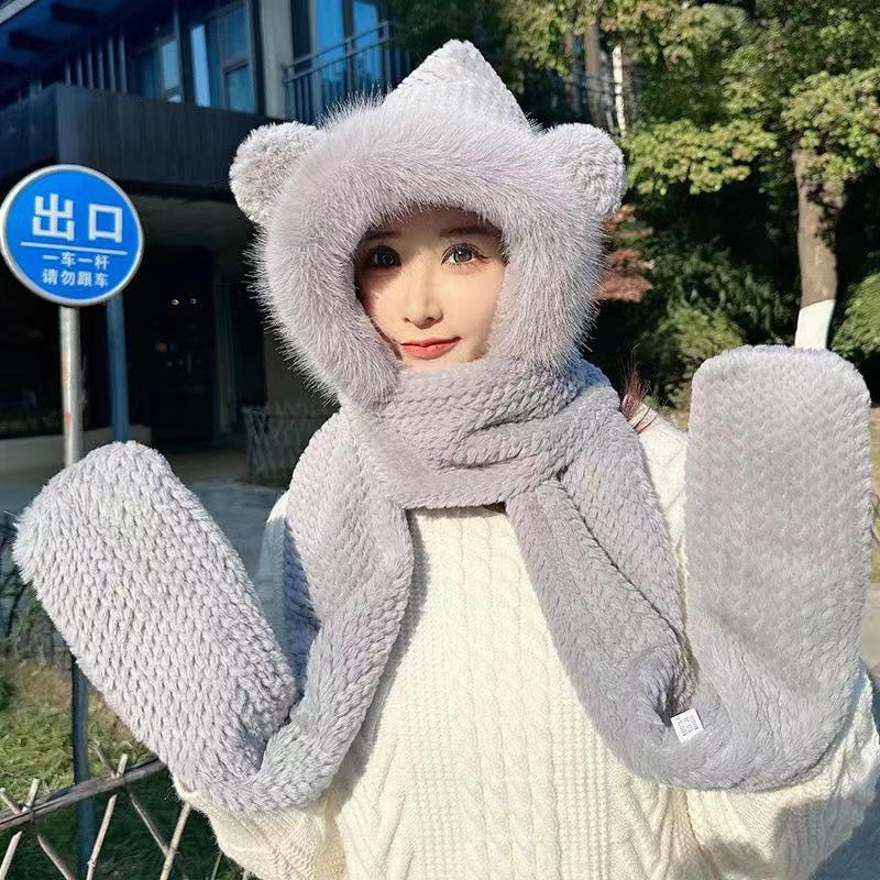 

Cute Ear Hat, Autumn and Winter Scarf, Three-Piece Set with Gloves, Women s Warm Versatile Hat, Plush Integrated Thickened Set Three-piece set with wove