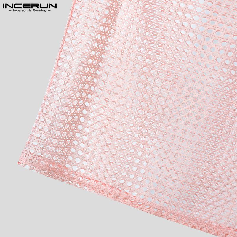 INCERUN Men O Neck Sleeveless Mesh Sheer Hollow Crochet Casual Beach Tank Tops