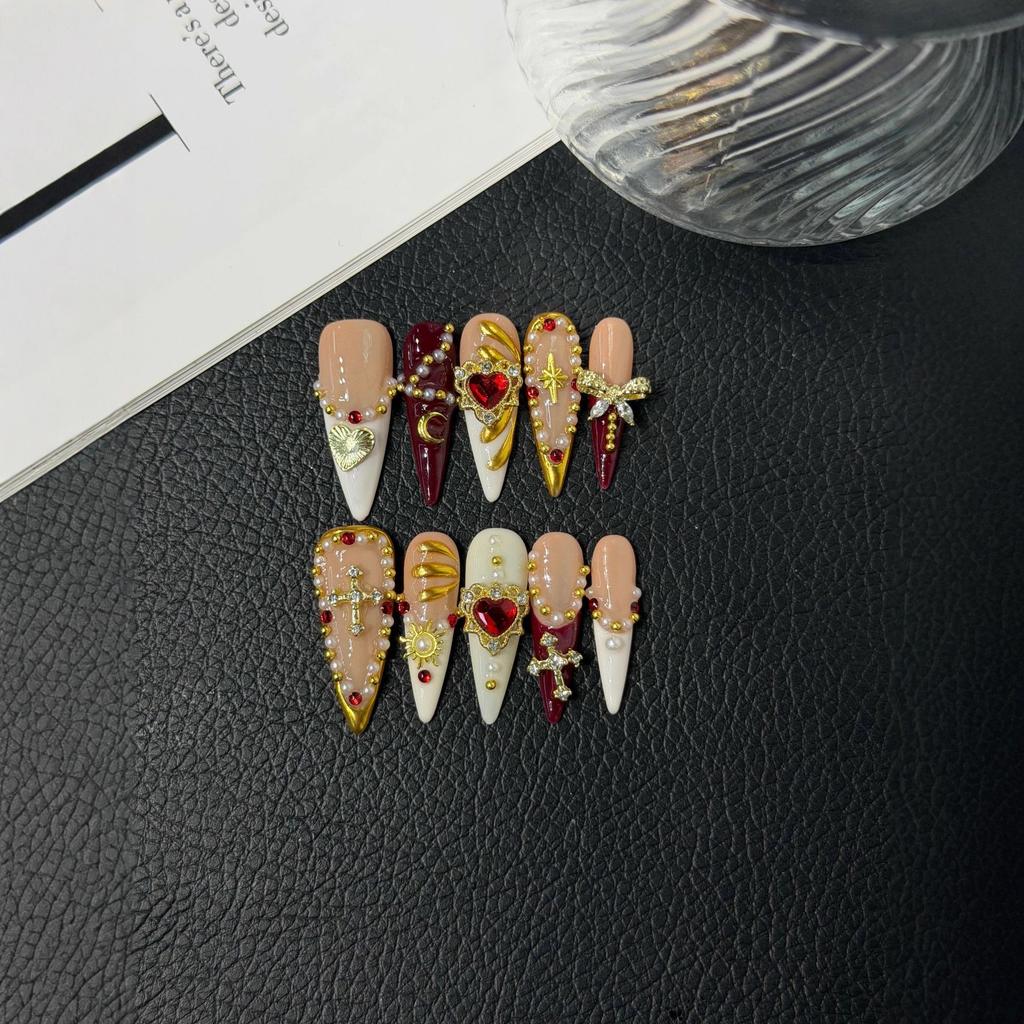 10Pcs Retro Stiletto Handmade Press On Nails With 3D Red Love Design Wearable Stick On False Nails