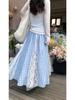 Zeng Xiaoxian Women's Irregular Blue Plaid Lace A-line Long Skirt: Summer 2025 Beachwear.