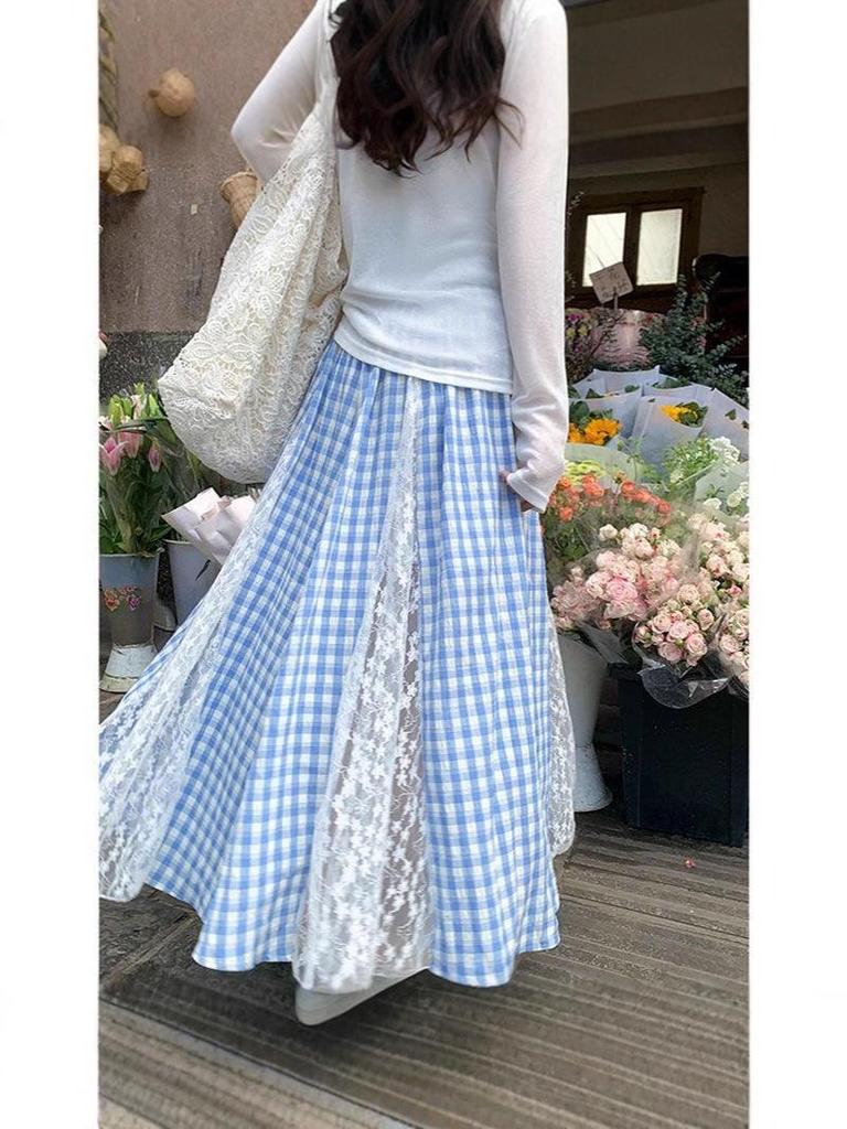 Zeng Xiaoxian Women's Irregular Blue Plaid Lace A-line Long Skirt: Summer 2025 Beachwear.