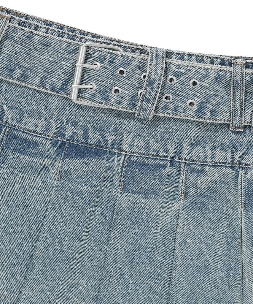 Syupeodeulai W Denim Belted Skirt Light Indigo