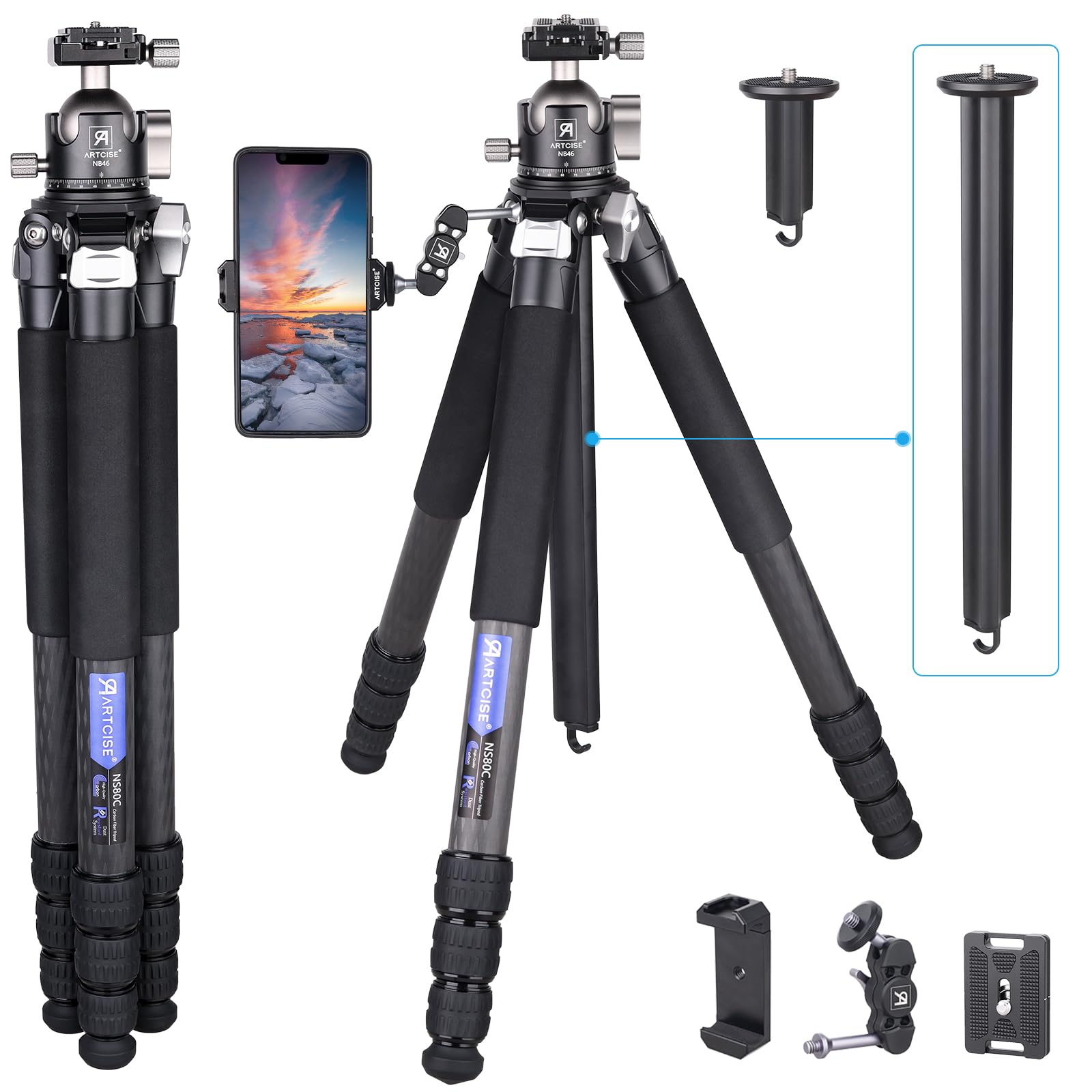 

ARTCISE Compact Carbon Fiber Tripod 46mm Low Center of Gravity Ball Head 32mm Tube Carbon Fiber Travel Camera Maximum Height Compatible Quick Release