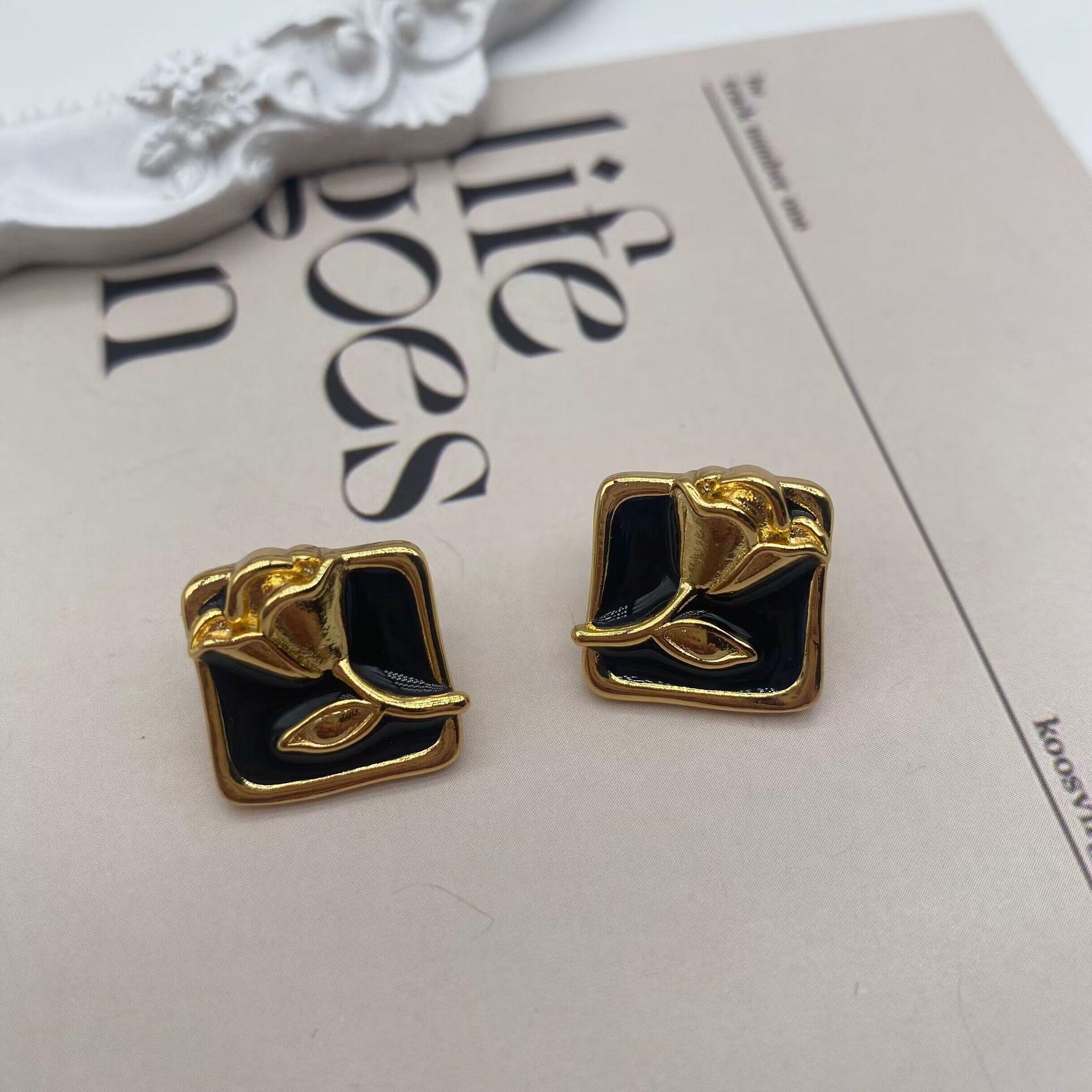 

Vintage Black Enamel Tassel Stud Earrings with Black Agate & 925 Silver Needles