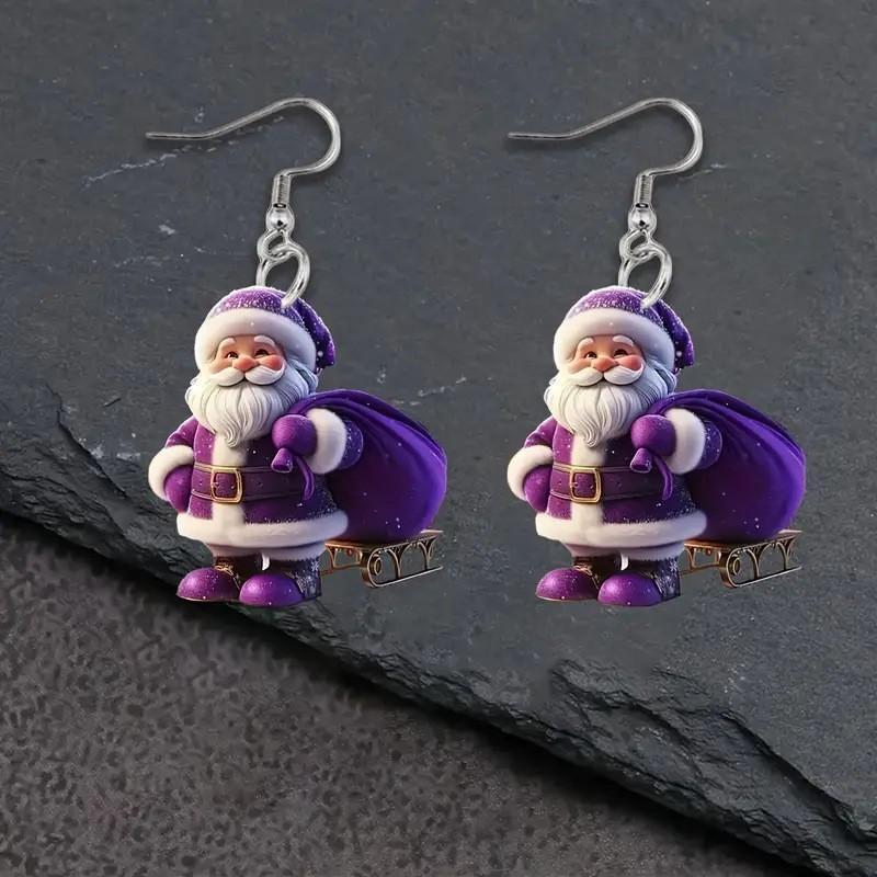 Winter Purple Santa Acrylic Earrings With Creative Design For Christmas Decor