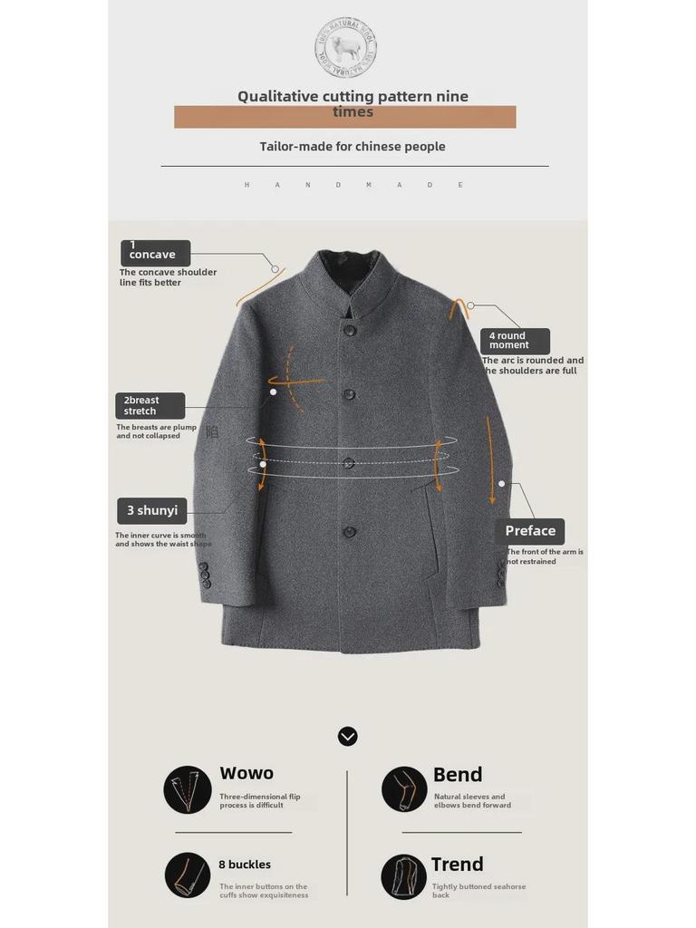 Men's Mink Fur Tunic Suit: Stand Collar, Detachable Goose Down Lining, Double-Sided Wool, Mid-Length Winter Coat