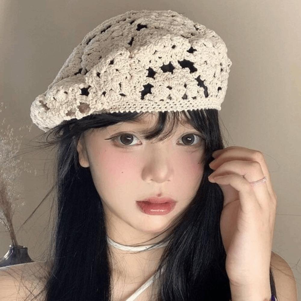 Japanese Style Flower Hat Breathable Crochet Knitted Cap Brimless Hollowed Out Beret  Holiday