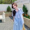 Blue Small Fresh Short-sleeved Shirt Set Skirt Women's Summer New One Set Half-length Skirt Two-piece Set