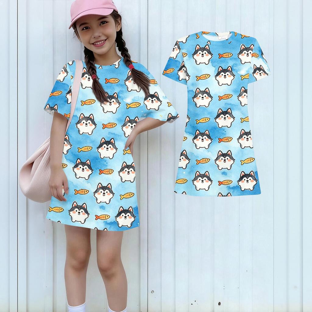 Girls Animal Print Dress Short Sleeve Loose Fit Round Neck Lightweight Casual Dress for Kids Summer Wear