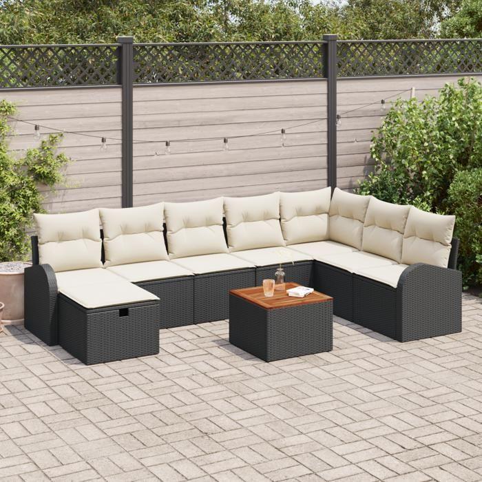 Ensemble de Canapé de Jardin 9 Pièces avec Coussins Poly Rattan Noir, Canapé de Jardin 2 Places avec Rangement et Coussins 3360855