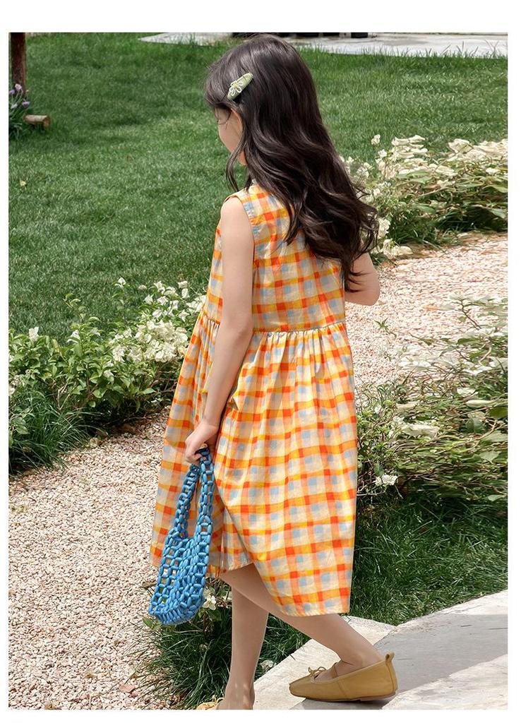 Girls' Summer Plaid Sleeveless Dress: Korean Style Loose Princess Dress for Middle and Older Children