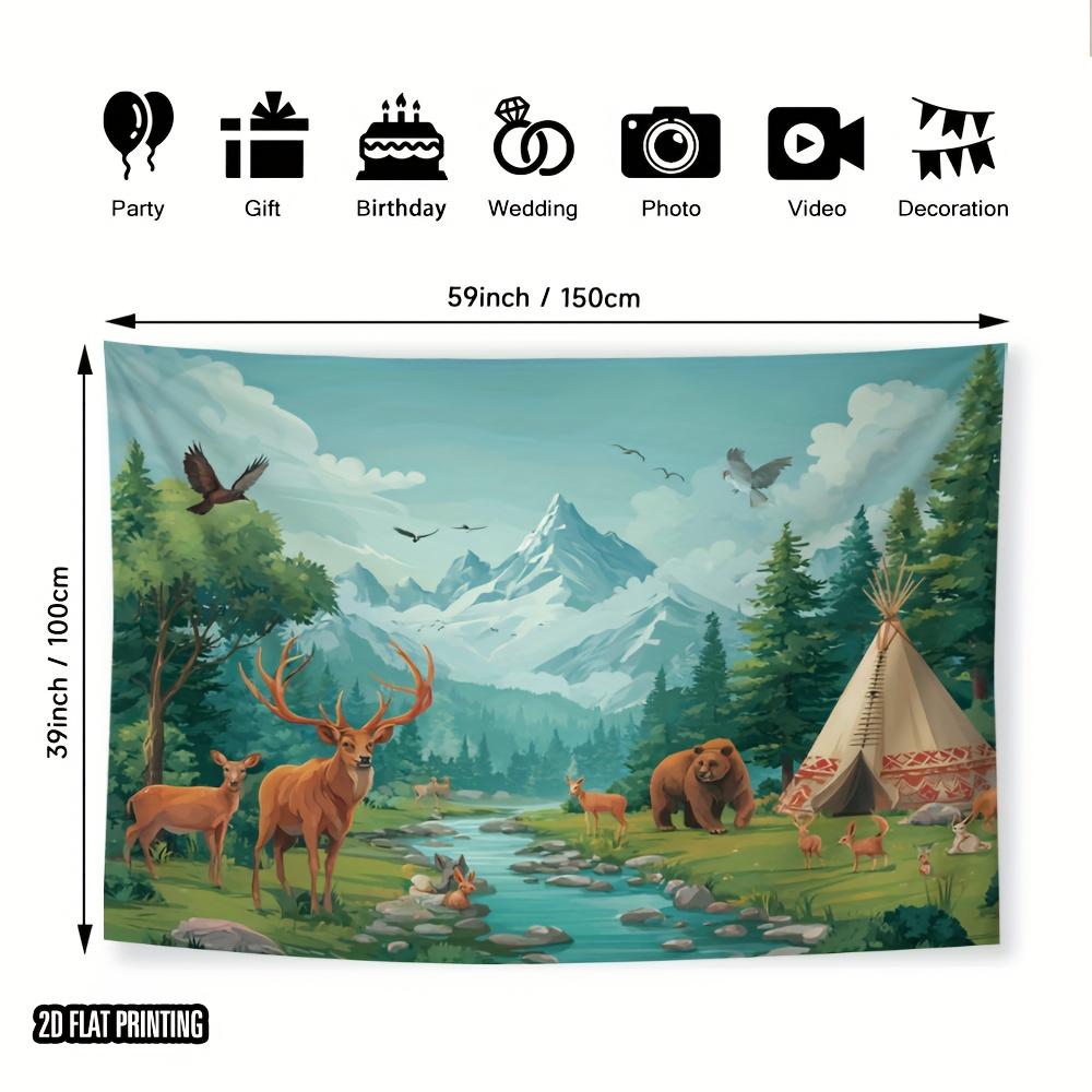 Forest Wildlife Scene Tapestry Deer and Bear Landscape Mountain Valley Wall Hanging for Bedroom or Dorm Decor