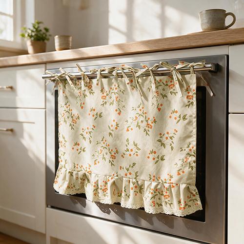 1PC Nuan Series French Retro Berry Print Oven Skirt, Lotus Leaf Edge Tassel Decorative Oven Door Curtain for Kitchen Home Decor