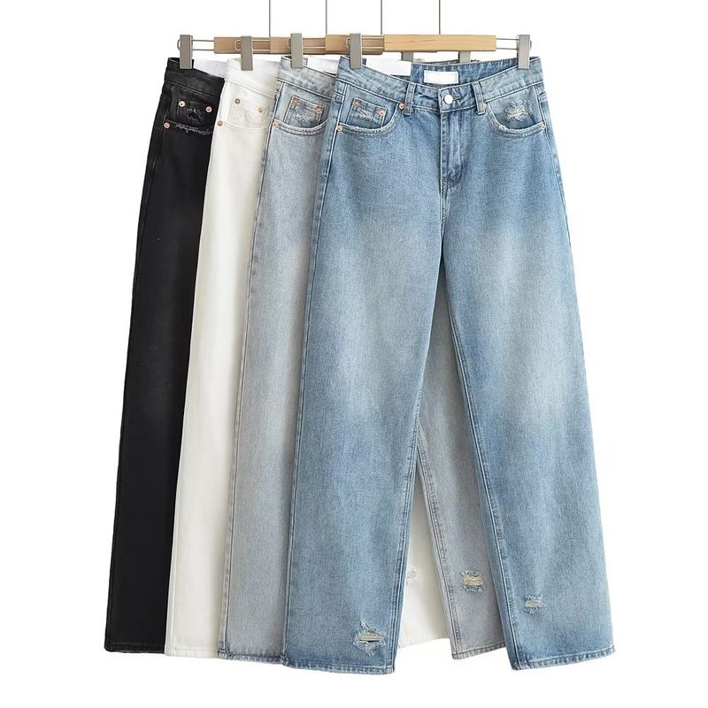 Spring New Arrival Fashion Lazy Fashion Loose Plaid Mop Trousers Perforated Hole Decoration Denim Straight-leg Pants