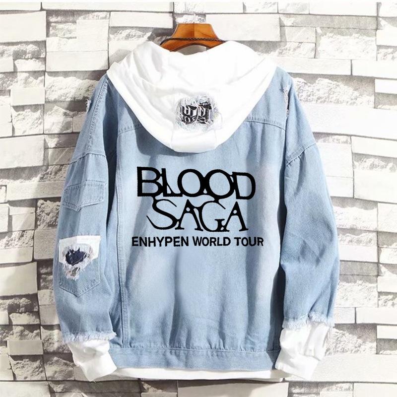 White Ink Heat Transfer Tour Commemorative Denim Jacket ENHYPEN Fangs Bat Print Casual Men's and Women's Versatile Jacket
