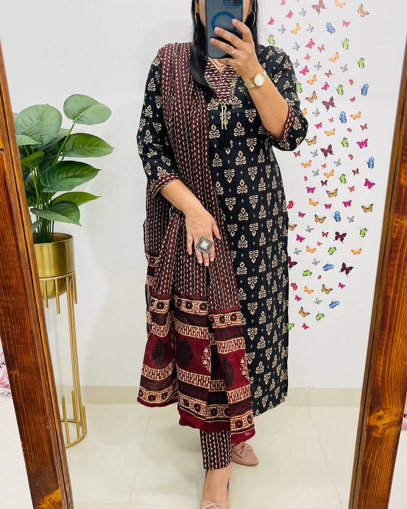 Party Wear Designer Cotton Kurta Pant Dupatta Set Indian Pakistani Top Tunic Kurti Salwar Suit