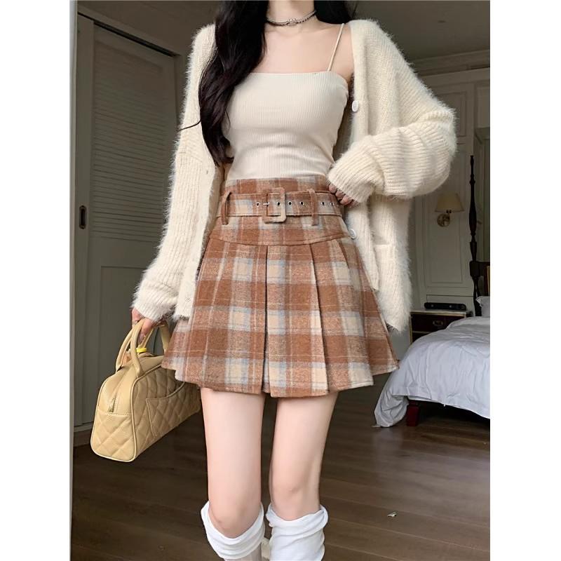 Autumn 2025 Plus Size High-Waist Plaid Pleated Skirt for Women