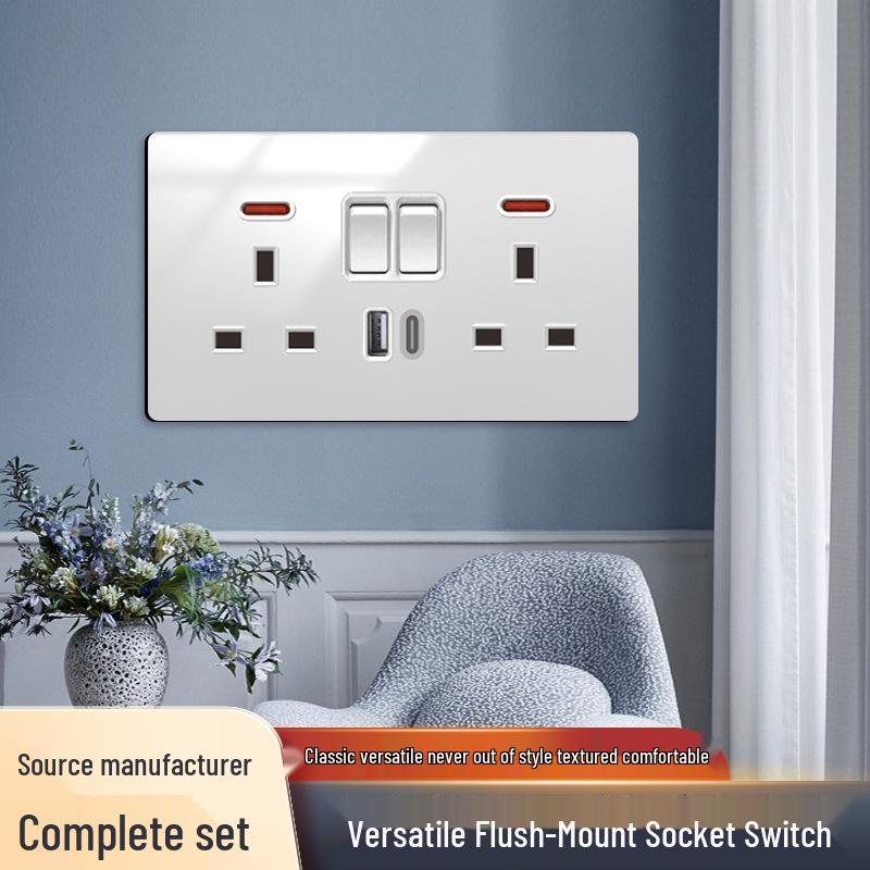 Huihuang Grå Herdet Glass Speil 1-Gangs 5-Hulls Bryter Stikkontakt Panel 86-Type Vegginnfelt.