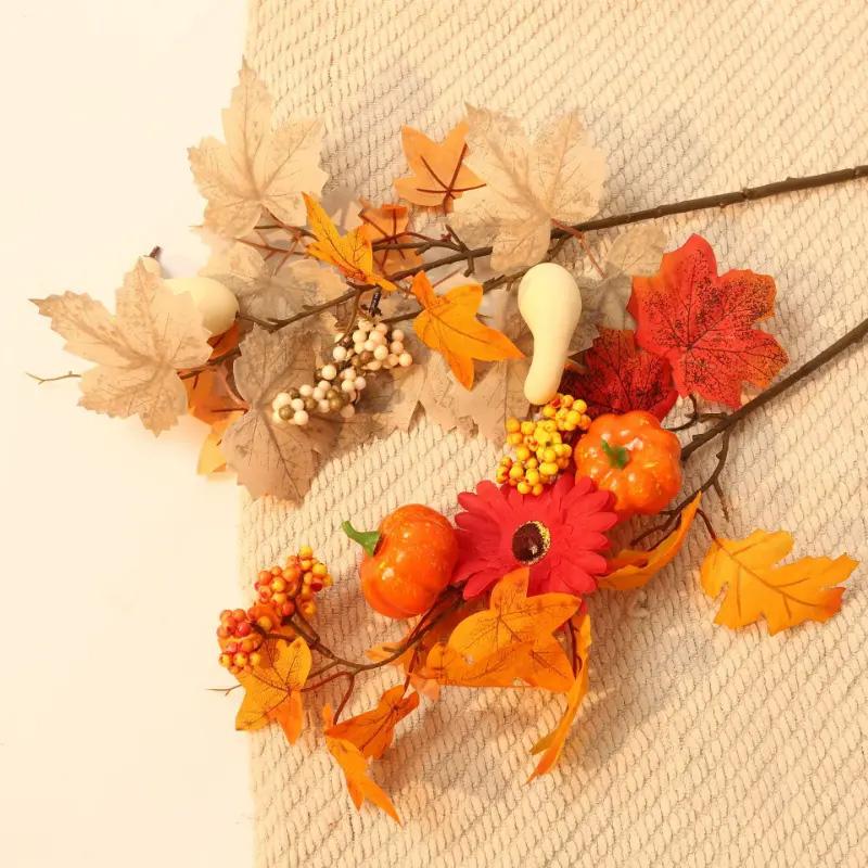 1PC Tree Branch DIY Fall Furnishings Thanksgiving Faux Pumpkin Berries Autumn Artificial Plant Realistic Maple Leaves Branches