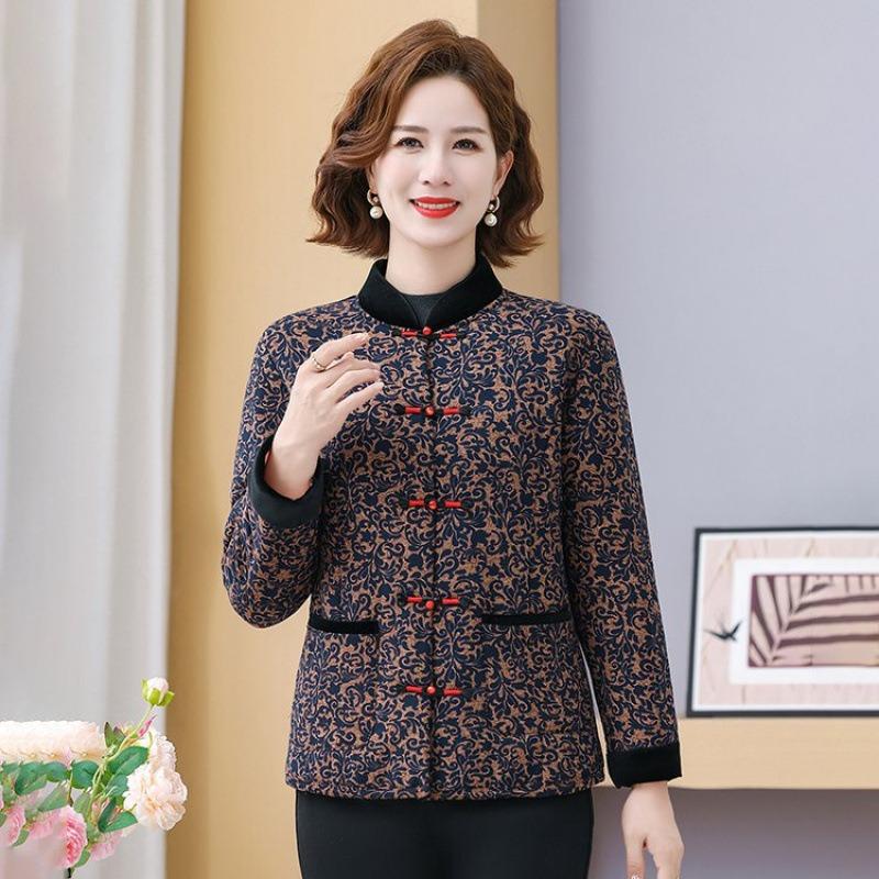 

Хлопковая куртка средней длины с застежкой-пуговицей для мамы, зимняя утолщенная хлопковая куртка, теплая куртка с цветочным принтом, китайская куртка, бархатный верх 6XL [recommended 150-80kg]