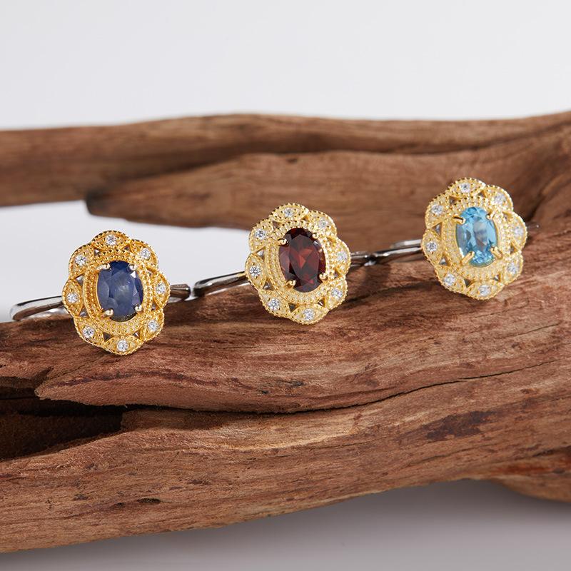 Bijuterii Color Treasure Inel din Argint Sterling S925 cu Safir Natural Inel Incrustat pentru Femei Inel Deschis Stil Curte Bijuterii