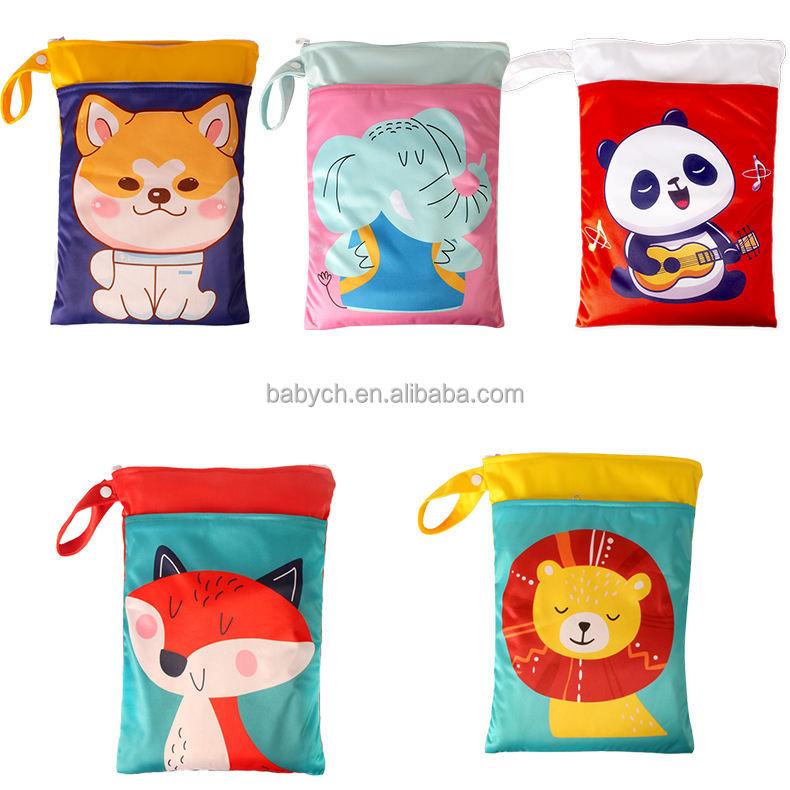 25*35cm New Polyester Double Pocket Cartoon Printed Wet Bags Storage Bag Children Swimsuit Bag Dry Wet Bag Waterproof