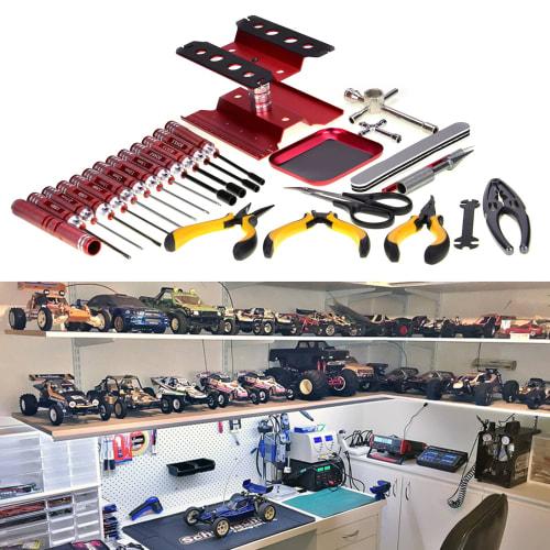 27-Piece RC Car Tool Kit with Flat, Phillips, and Hex Screwdrivers, Pliers, Cross Wrench, Body Reamer, Stand, and Polished Bar Hobby Repair Tools for