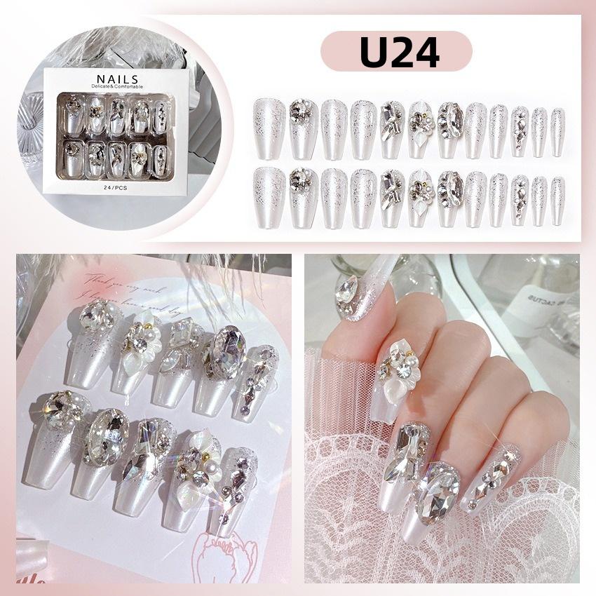 White Blue Color 3D Rabbit Star Rhinestone Designs-Full Cover Acrylic False Nails for Women and Girls Detachable Long Fake Nails