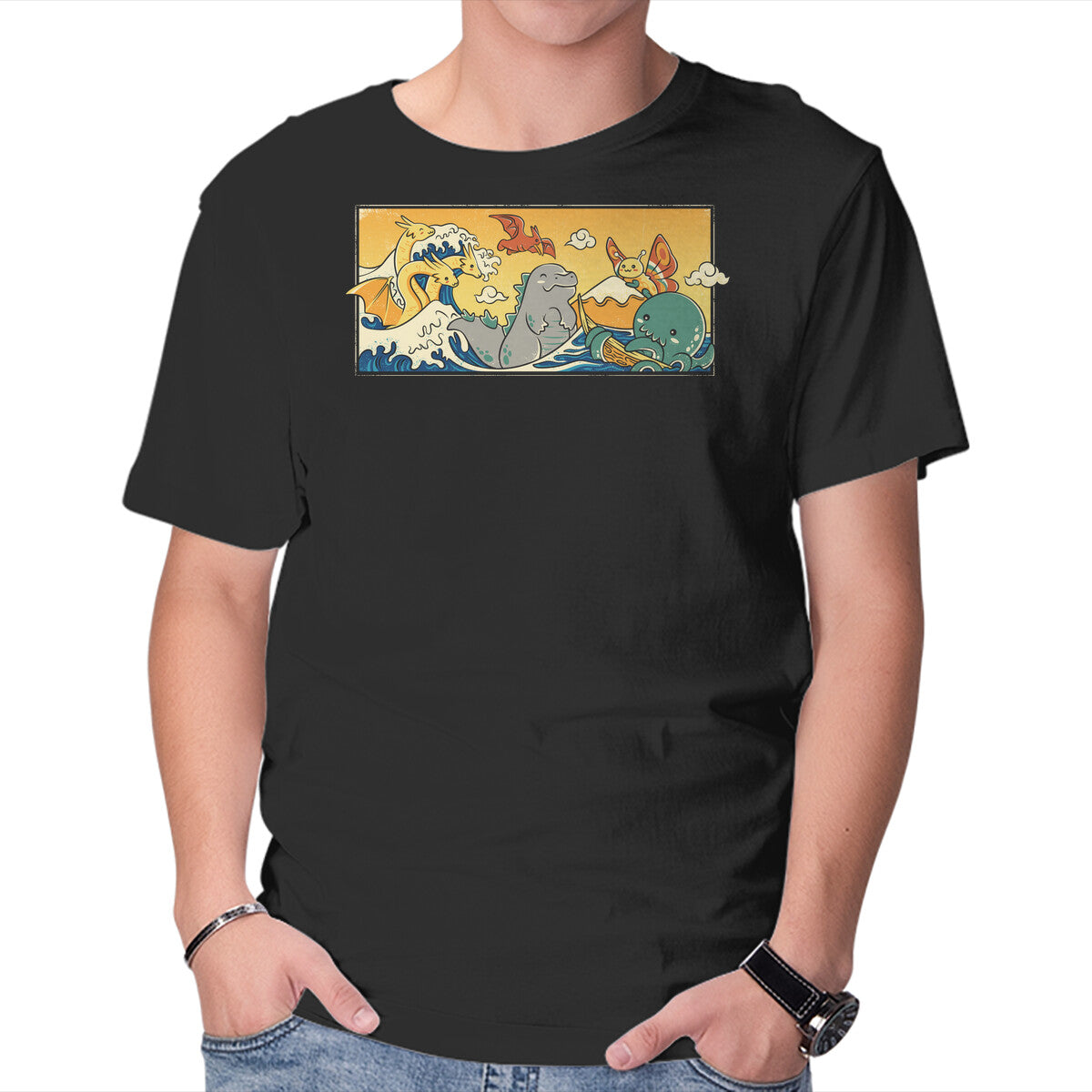 Unisex Crew Neck T-Shirt The Great Wave Kawaiiju Graphic Short Sleeve Casual Tee XS