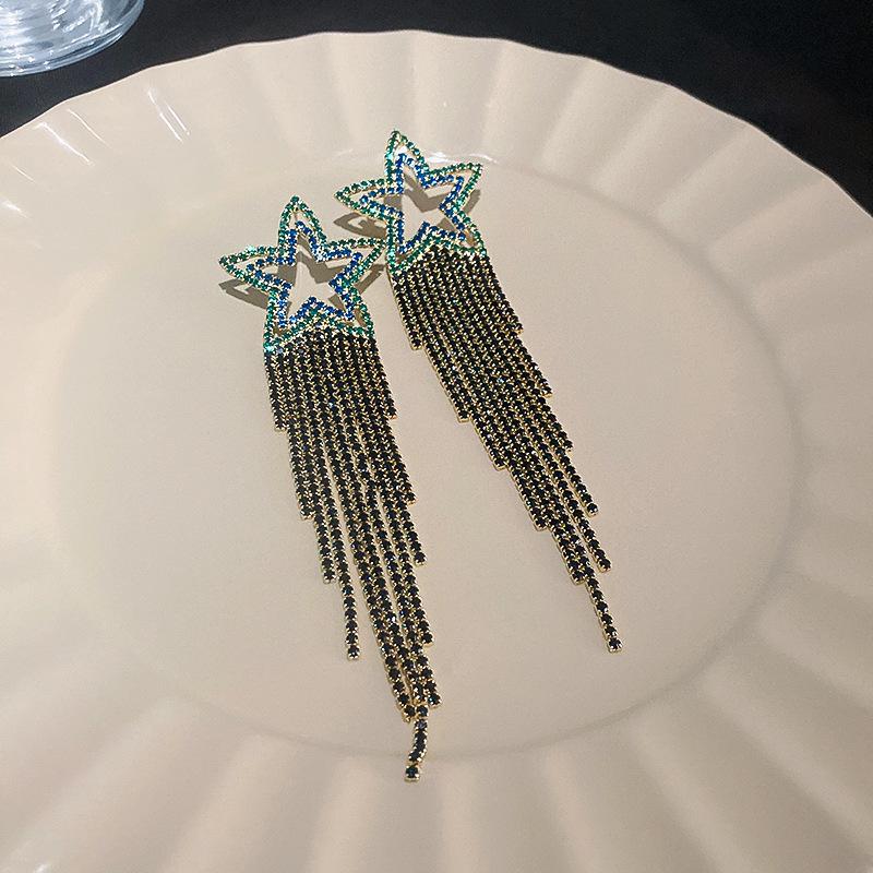 S925 Silver Needle Rhinestone Tassel Earrings - Exquisite Long Claw Chain with Colored Diamonds, European & American Style