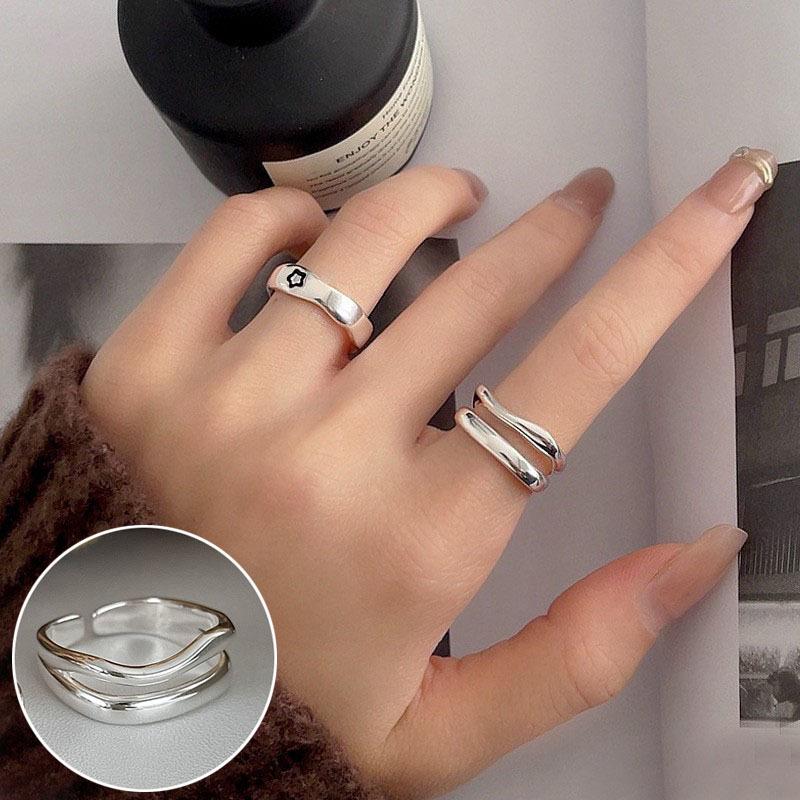 Bague de doigt ouverte vintage pour femme à double couche géométrique de style coréen plaquée argent S925
