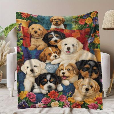 Manta de franela estampada con estampado de perro y flores, adecuada para todas las estaciones, adecuada para sala de estar, oficina, sofá y viajes.