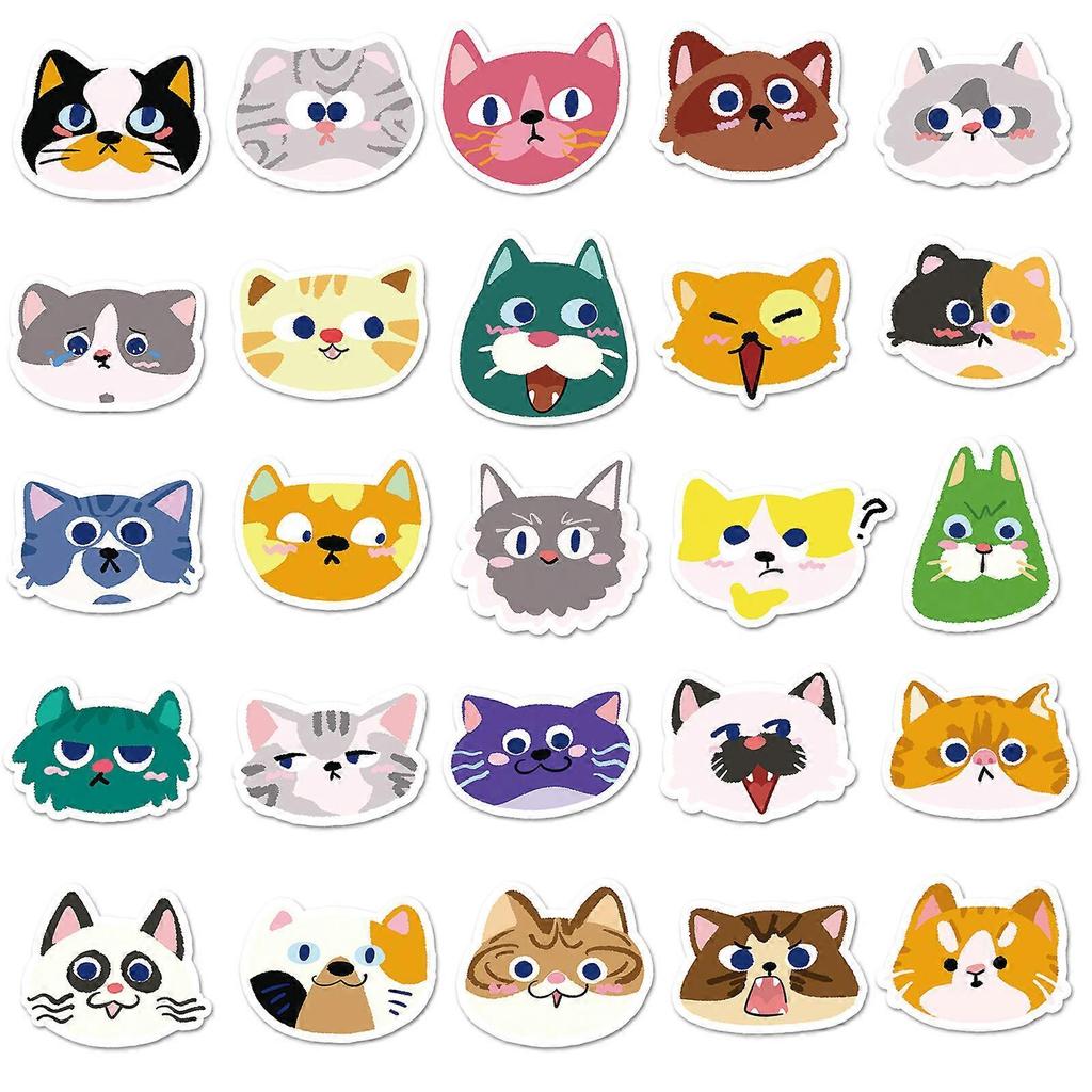 50 Original Cat Head Doodle Stickers, Cute Cartoon Hand-drawn Decorative Stickers for Phone Cases, Water Bottles, and Journals