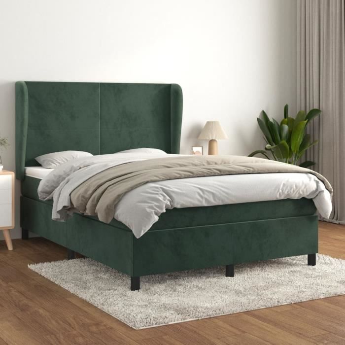 3129096 vidaXL Lit à sommier tapissier et matelas Vert foncé 140x200cm Velours