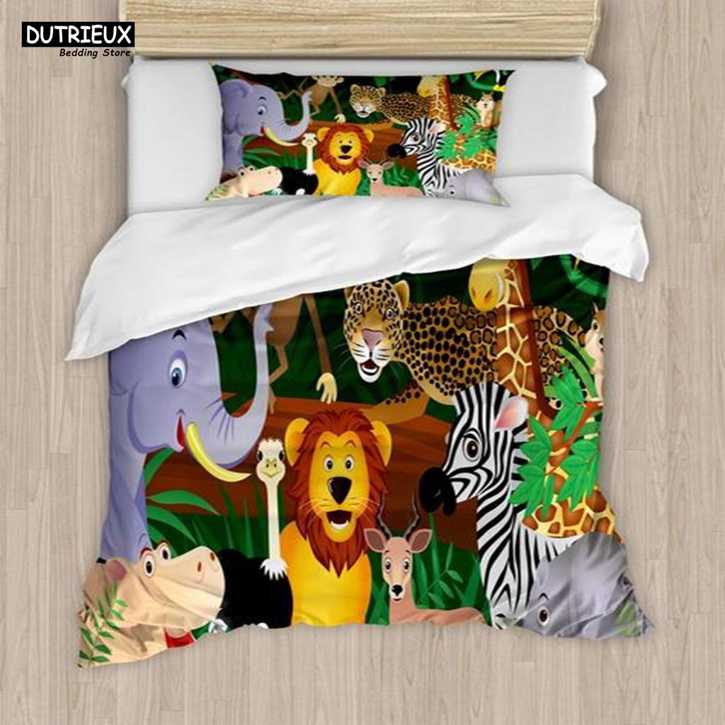Elephant Comforter Cover Cute Cartoon Animal Paradise Bedding Set Boys Girls Kids 3D Animal World Queen Polyester Duvet Cover