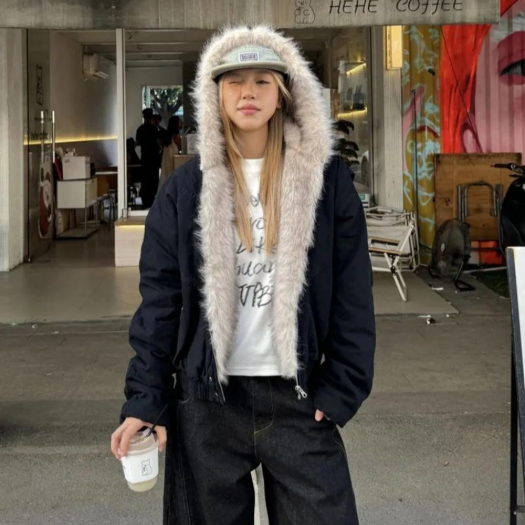 American Retro Fur Collar Hooded Jacket Women Y2K Streetwear Winter New Velvet Thickened Warm Harajuku Loose Casual Jacket