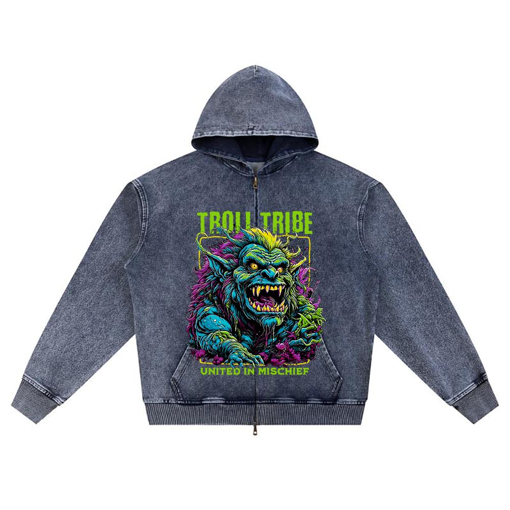 DTG print Knitted Denim Zip-Up Hoodie Troll Tribe Brother Print Zipper Hoodies  