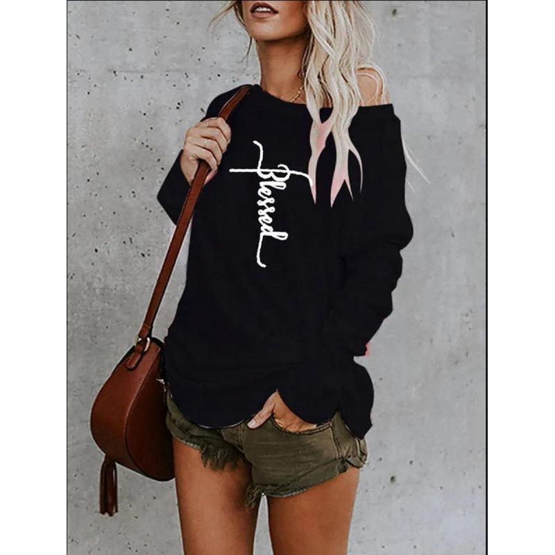 Women's Fall Slim Printed Strapless T-shirt Loose Long-sleeved Casual Tops