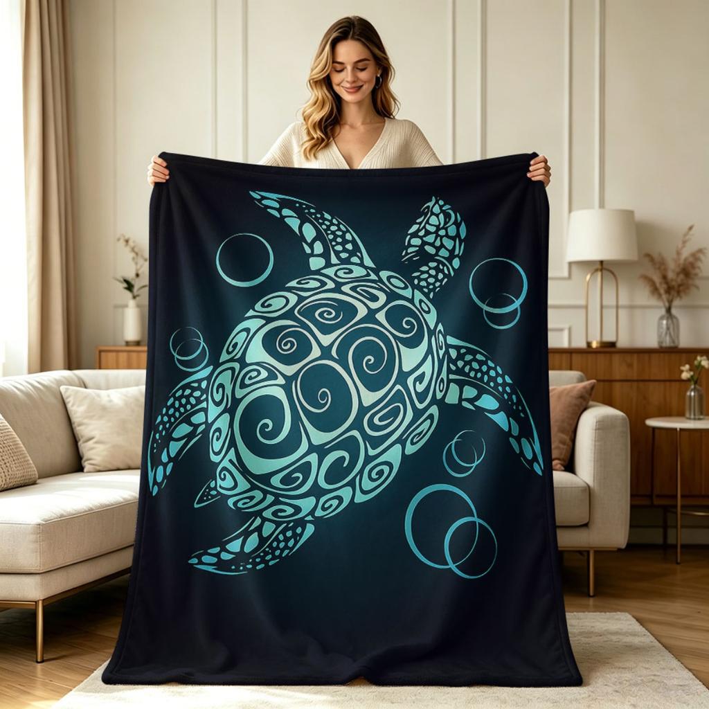 Soft Flannel Throw Blanket with Tribal Sea Turtle and Bubble Print All Season Warm Cozy Lightweight Blanket for Couch Sofa Chair Bed Office Home Decor