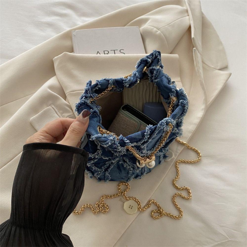 Chain Tassel Denim Crossbody Bag Handbag Cloth Shoulder Bag Elegant Denim Bucket Bag Wedding