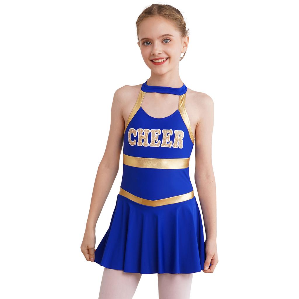 Girls Sleeveless Round Collar Letter Print Crisscross Straps Hollow Back Cheerleading Dance Dress