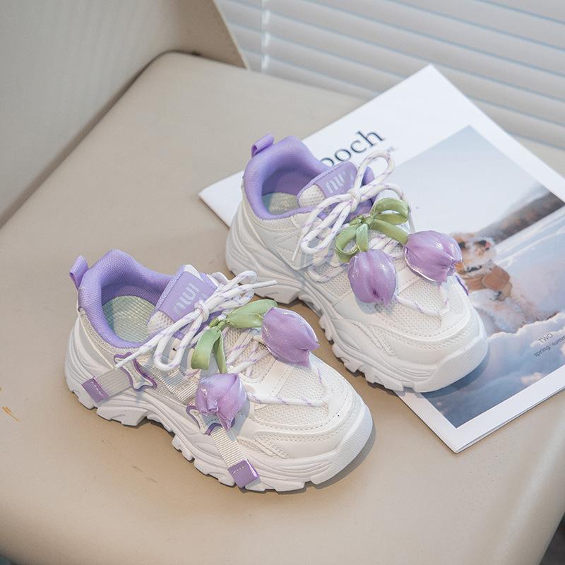 Girls Sneakers Tulip Flower Breathable Dad Shoes 2025 Spring and Autumn New Girls Mesh Casual White Shoes