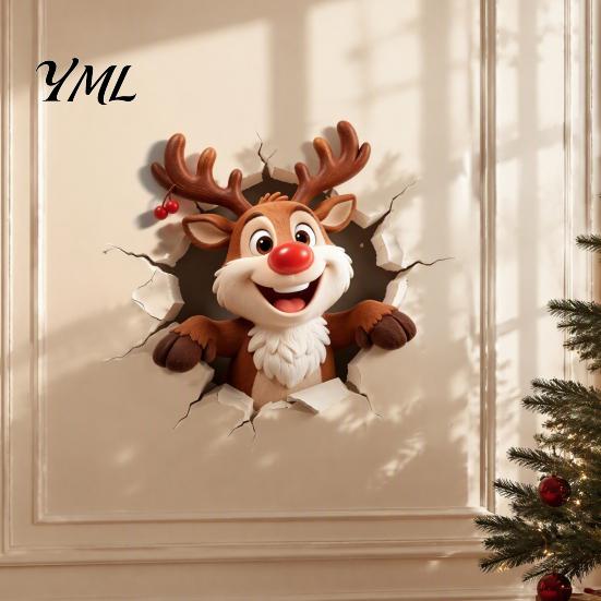 Easy Apply Wall Decals Christmas Reindeer Decal, 3D Hole Illusion Red Nose Rudolph Sticker, Seasonal Window Decorations Peel And Stick Waterproof PVC