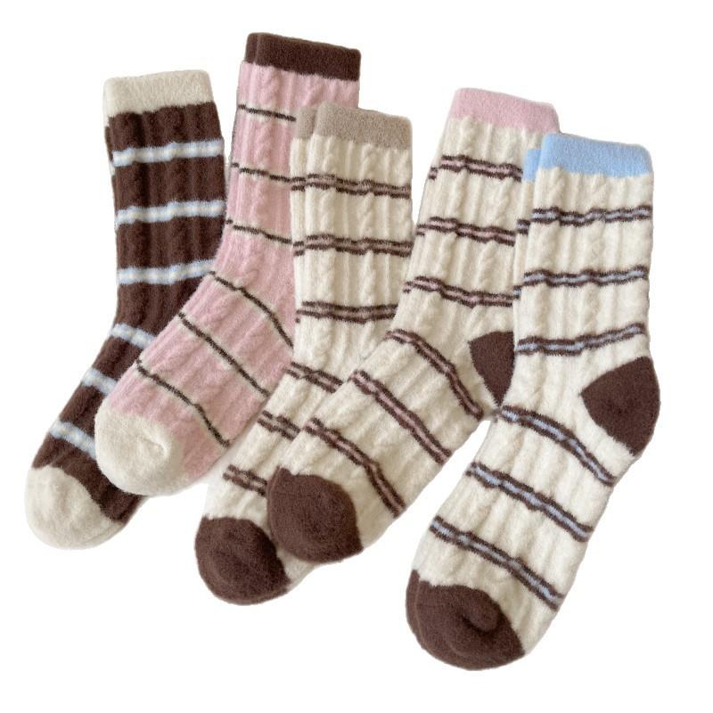 Winter Thick Socks, Women's Striped Color-blocking Warm Fleece Thickened Plush Striped Mid-calf Socks, Home Pile Sleep Socks